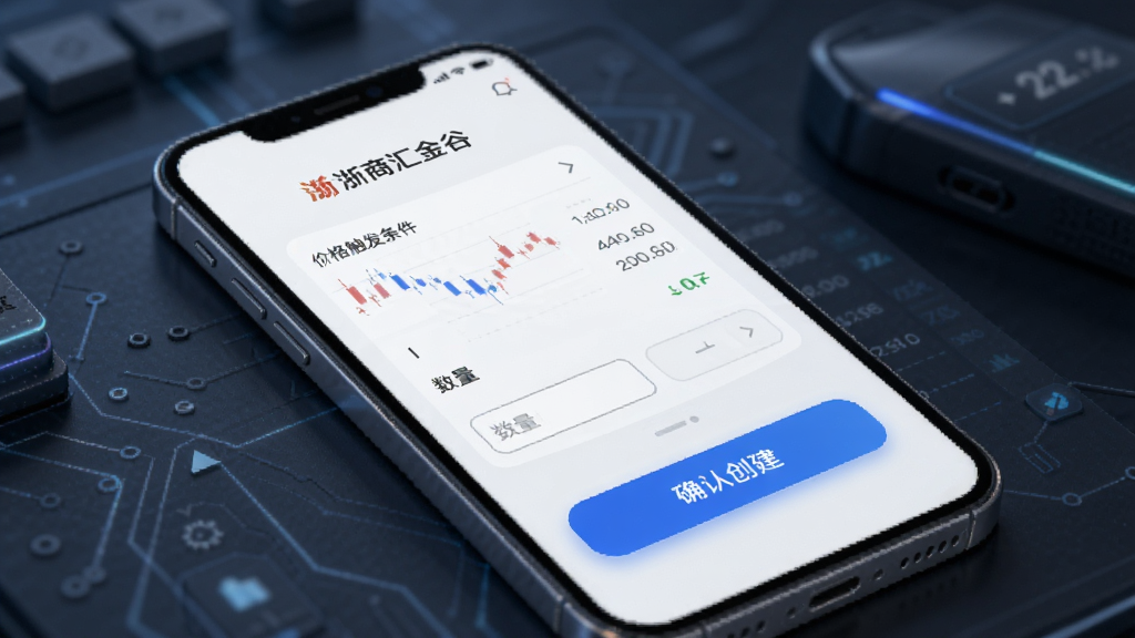浙商汇金谷智能交易功能预览图,主体为手机界面上的条件单设置页面,布局包含价格触发条件、数量输入框,排版简洁,现代科技风格,细节有蓝色高亮按钮