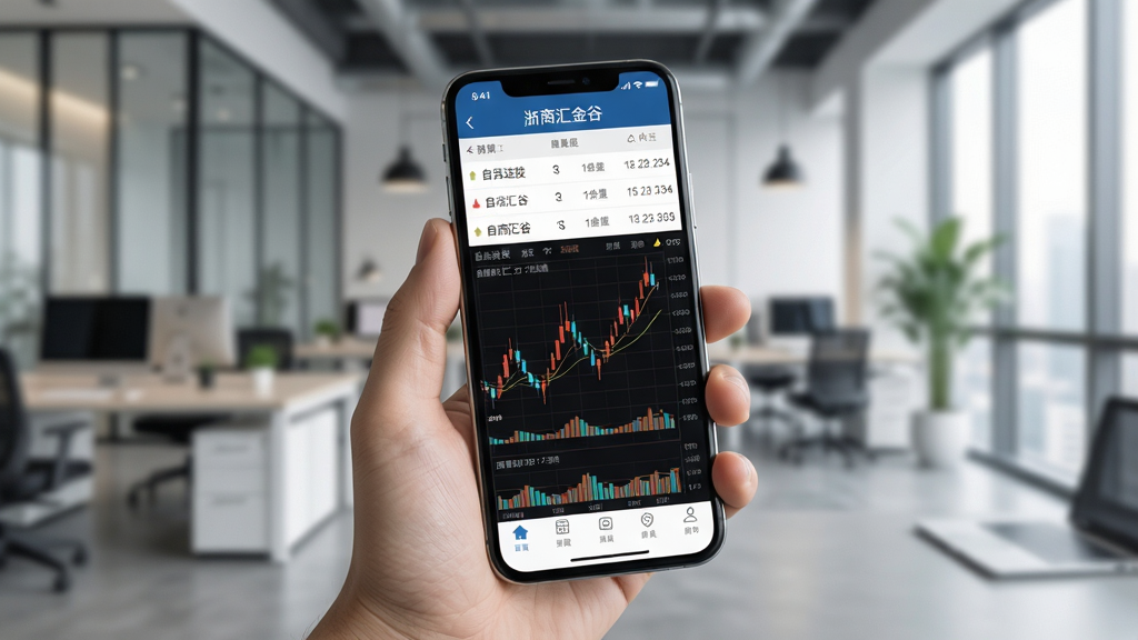 浙商汇金谷手机APP使用场景图,主体为一部智能手机握在手中,屏幕显示自选股列表和K线图,背景为现代办公室环境,布局自然,浅景深效果,风格写实,细节丰富,文字