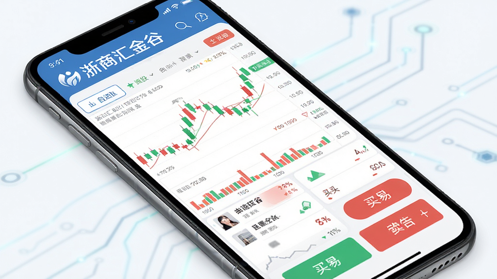 浙商汇金谷证券交易软件界面展示,主体为智能手机屏幕上的股票行情图表与交易按钮,布局清晰,浅色背景,金融科技风格,细节包含K线图、自选股列表、买入卖出按键,文字标注