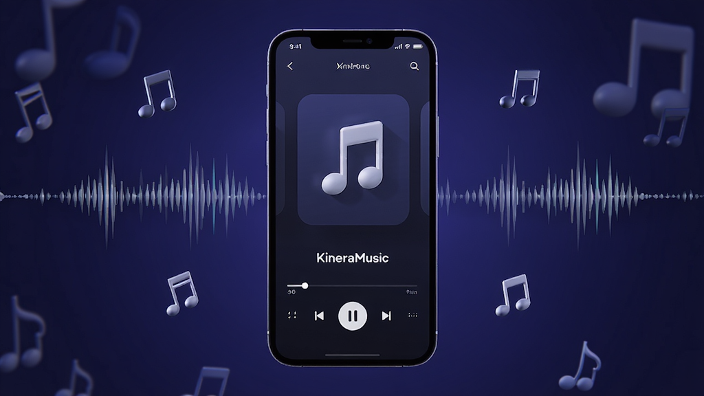 主体为一部正在播放音乐的智能手机,屏幕显示KineraMusic播放界面,界面风格简洁现代。布局采用手机居中构图,周围漂浮着音符和音频波形图案。排版突出屏幕内容,背景为渐变的深蓝紫色,营造沉浸式音乐氛围。风格为3D渲染,光影质感细腻,画面干净,无多余元素,画质高清。