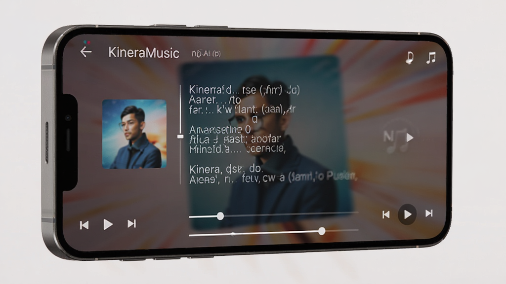 主体为一部手机横屏播放音乐的界面,屏幕中显示KineraMusic正在播放一首歌曲,并展示歌词,背景为动态模糊的专辑封面。布局采用侧视图,清晰展示手机厚度与屏幕内容。排版突出正在滚动的歌词与播放进度条,风格为写实摄影,光线柔和,画质干净,无多余元素。