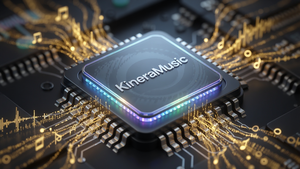 主体为KineraMusic应用在后台解码无损音乐的示意图,画面中心是一个抽象的音频芯片,芯片上刻有“KineraMusic”字样,芯片周围环绕着金色的音频数据流。布局采用特写镜头,芯片占据画面主体,背景虚化处理。排版突出芯片的科技感与精致细节,风格为科技感插画,画质清晰干净,无多余元素。