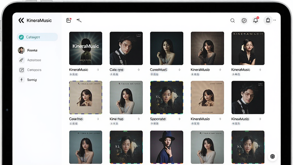 主体为KineraMusic的曲库管理界面,屏幕上整齐排列着多种专辑封面缩略图,并显示分类标签。布局采用平板电脑正面视角,界面UI清晰展示。排版突出界面布局的合理性与视觉美观性,风格为UI界面展示图,色彩清新明亮,画质细腻,干净无多余元素。