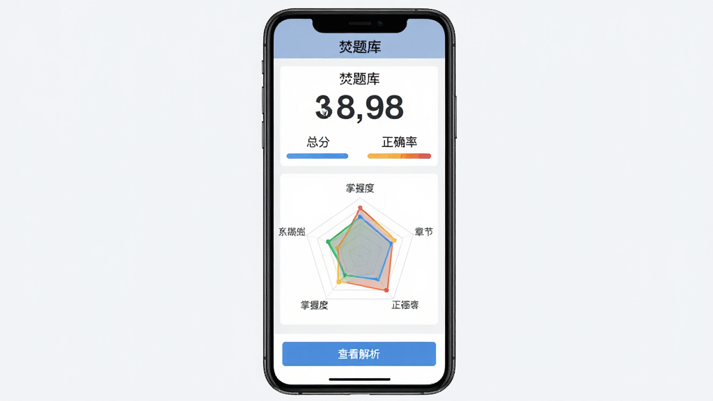 ���壺�����ģ��������ĳɼ�����ҳ�棬��ʾ�ܷ֡���ȷ�ʡ����½����ն��״�ͼ�����֣��ֻ����У���Ļ�Ϸ�Ϊ�ɼ������֣��·�Ϊͳ��ͼ�����Ű棺���ݿ��ӻ���ͼ��ɫ�ʷḻ�������ۣ����רҵ���Ա����񣬼��������ϸ�ڣ�ҳ�涥���С�����⡱�������ײ��С��鿴��������ť�����ʣ����壬�ɾ����޶���Ԫ�ء�