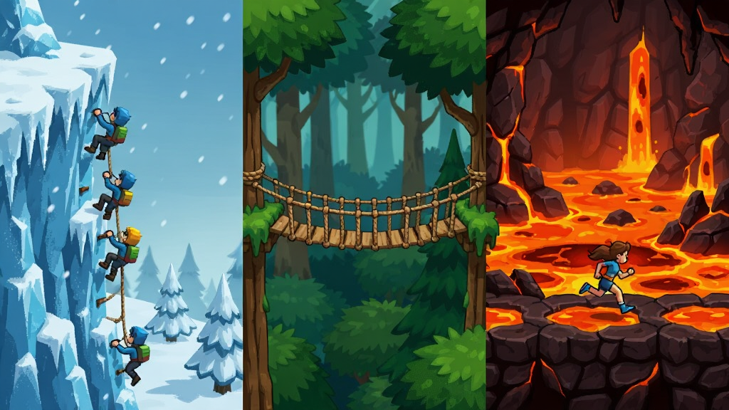 游戏关卡场景拼接图,左侧是冰天雪地的攀爬关卡,右侧是熔岩地带的奔跑关卡,中间是森林中的绳索桥,画面色彩鲜艳,细节丰富,画质清晰,干净无多余元素