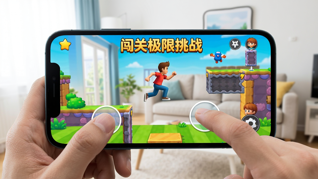 玩家正在操作手机游玩《闯关极限挑战》,手指点击屏幕,角色在游戏画面中跳跃,手机屏幕显示色彩鲜艳的关卡场景,背景是明亮的客厅,画面清晰,细节丰富,干净无多余元素