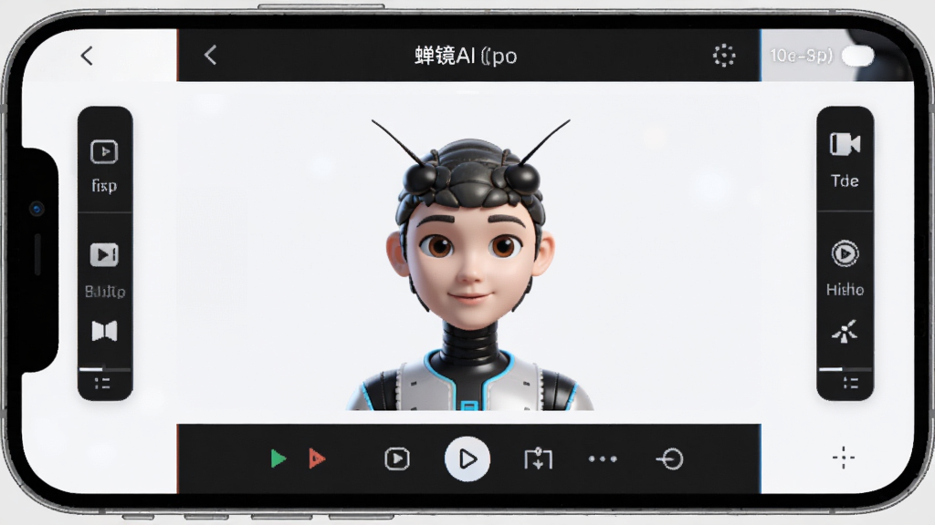 蝉镜AI主界面展示,一款手机应用界面,中央是数字人形象预览窗口,周围环绕视频编辑工具栏,界面简洁现代,浅色背景,图标清晰,整体风格科技感,画质高清,干净,无多余元素