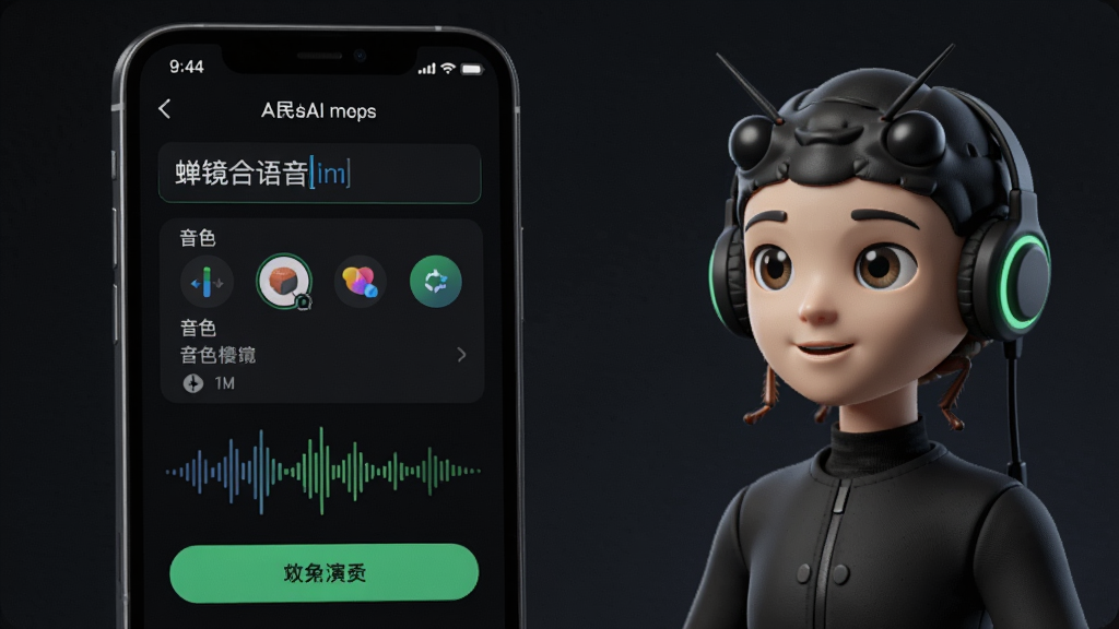 蝉镜AI语音合成功能演示,手机屏幕显示文字输入框和音色选择列表,下方有声波图形动画,界面以深色主题为主,配有绿色高亮按钮,数字人形象在右侧聆听,整体风格专业,细节清晰,画质干净