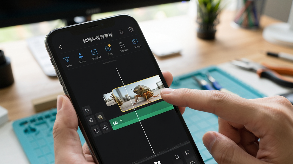 蝉镜AI操作教程示意图,手机屏幕上显示剪辑时间线,手指正在拖动视频片段,界面清晰显示各个功能图标,背景为工作台,光线明亮,风格写实,画质高清,干净,无多余元素