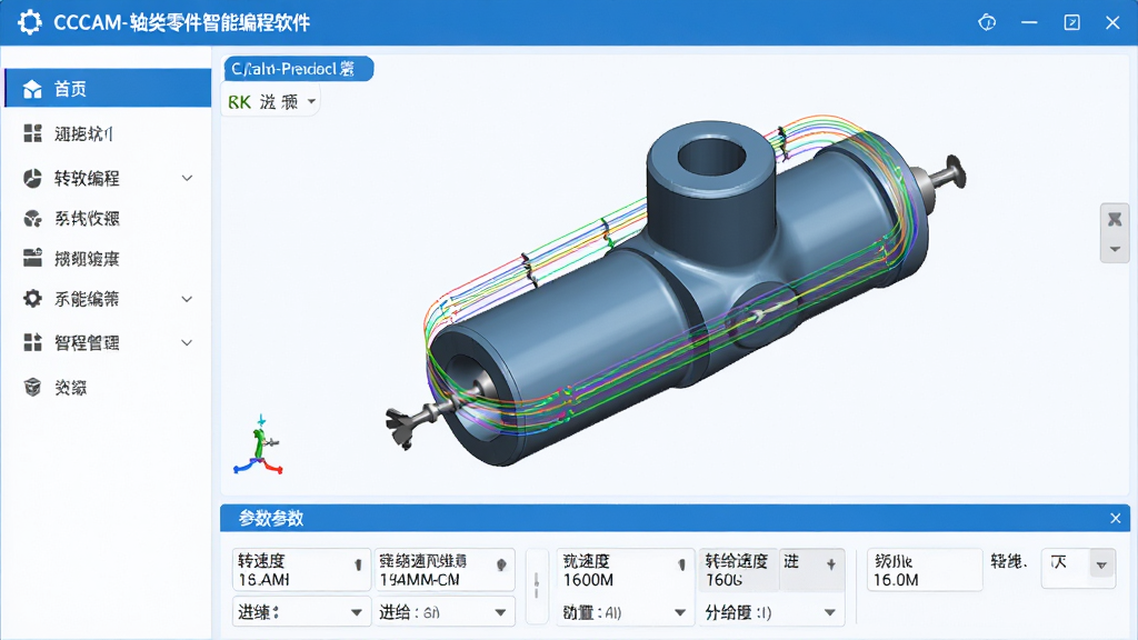 主体:CCCAM-轴类零件智能编程软件界面,展示三维轴类零件模型与刀具路径规划;布局:左侧为功能导航栏,右侧为3D预览窗口,下方为参数设置面板;排版:清晰的模块化布局,界面简洁有序;风格:现代科技感,蓝白主色调,界面明亮;细节:模型表面显示加工轨迹线,刀具路径以彩色线条标注,参数面板显示转速、进给等数据;画质:8K超高清,细节丰富,干净无多余元素