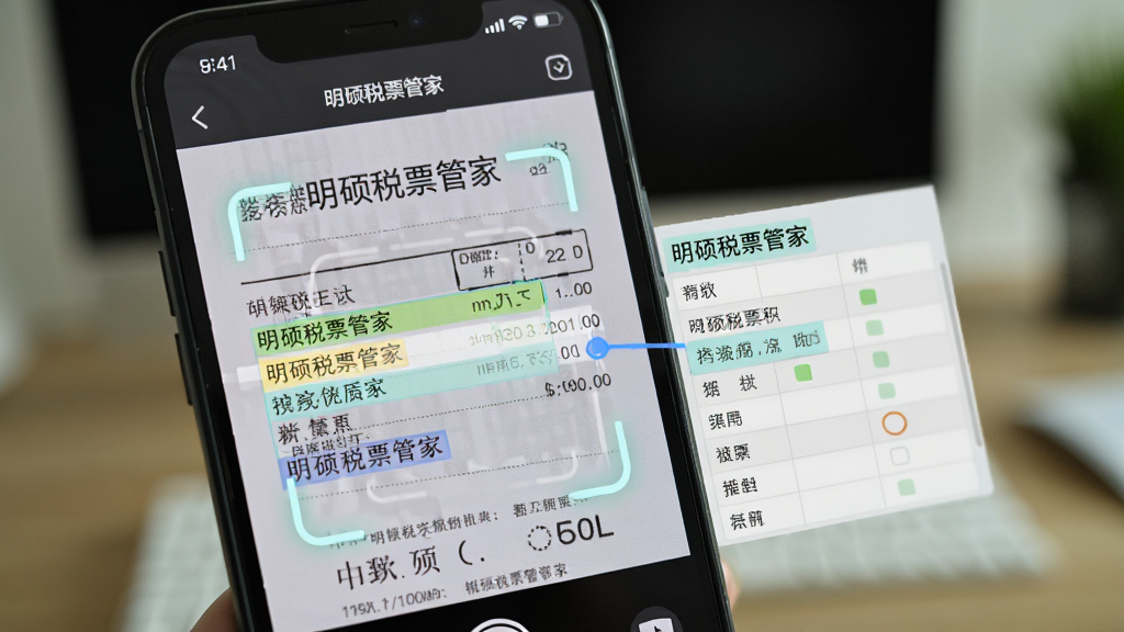 一张特写镜头照片,手机摄像头对准一张增值税发票,屏幕上显示出“明硕税票管家”的扫描识别动画,发票上的文字被高亮框选中并自动填入旁边表格,背景虚化处理,突出智能识别功能,画质清晰干净