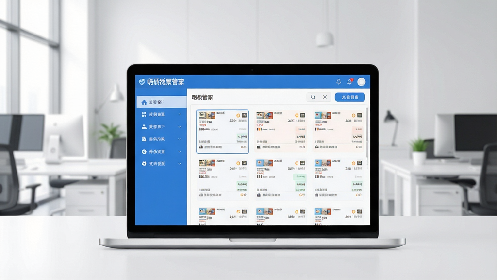 在明亮的现代办公室环境中,一台笔记本电脑屏幕显示“明硕税票管家”软件主界面,界面以蓝白为主色调,左侧功能导航清晰,中央区域展示发票列表缩略图,整体布局专业且清爽,扁平化设计风格,画质高清,干净整洁无多余元素