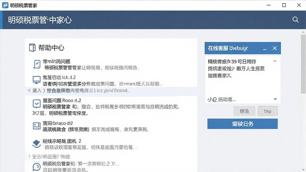 一张电脑屏幕截图,显示明硕税票管家软件的帮助中心页面,页面包含常见问题列表、在线客服对话框和错误日志提交按钮,界面整洁,浅灰色背景,专业感强,画质清晰