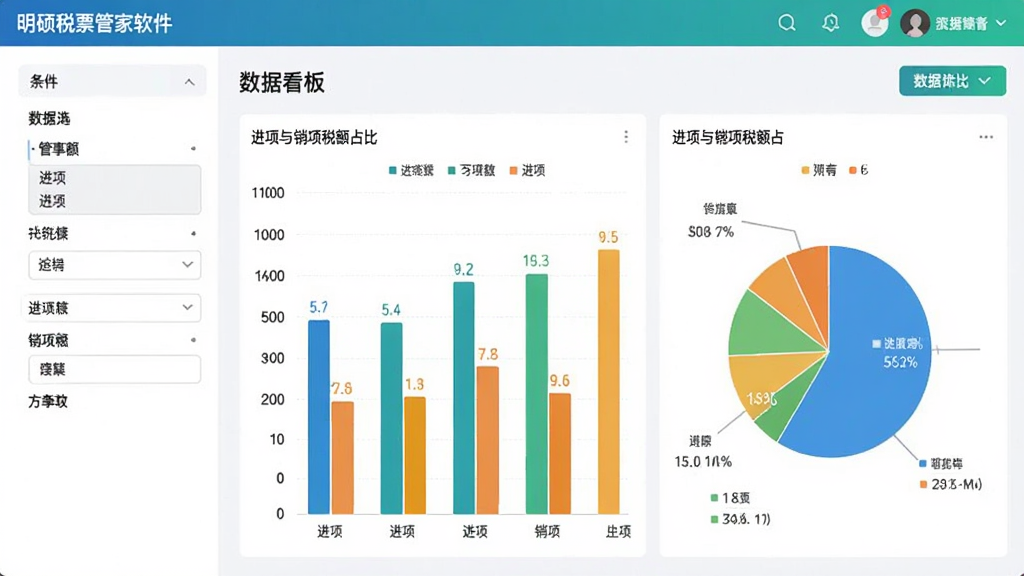 明硕税票管家软件内的数据看板截图,页面展示彩色柱状图和饼图,分别代表进项与销项税额占比,左侧是数据筛选条件,整体UI设计现代简约,蓝绿色调搭配,信息层次分明,画质高清