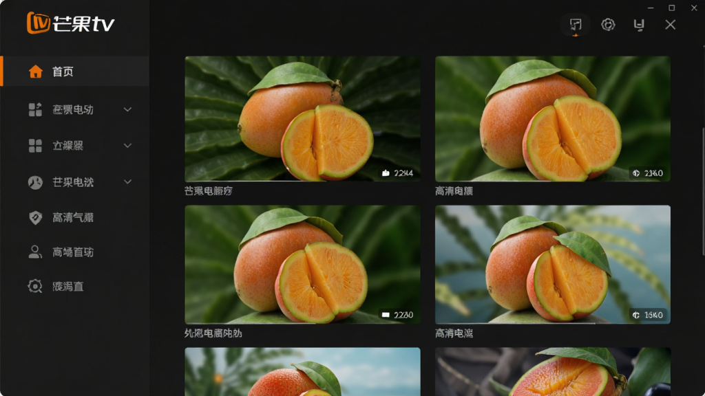 芒果TV官方电脑客户端主界面预览图,深色背景搭配橙色LOGO,界面左侧为导航栏,右侧为高清视频封面墙,整体布局简洁现代,画质清晰,风格大气,细节精致,干净无多余元素