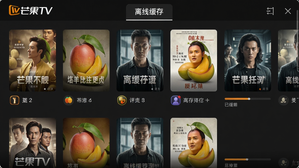 芒果TV缓存管理页面截图,深色界面,列表显示已缓存剧集封面与进度条,顶部有“离线缓存”标签,风格简洁,布局清晰,细节完整,画质干净,无多余元素