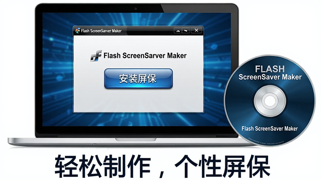 主体:一台笔记本电脑,屏幕显示着Flash ScreenSaver Maker的制作完成界面,有一个“安装屏保”的按钮,旁边有一张光盘,光盘上印有“Flash ScreenSaver Maker”字样,布局:笔记本电脑位于画面中央,屏幕内容清晰,光盘放在电脑右侧,排版:画面下方有“轻松制作,个性屏保”的标语,风格:科技感,蓝色调,细节:屏幕中按钮有光泽,画质:8K,干净,无多余元素