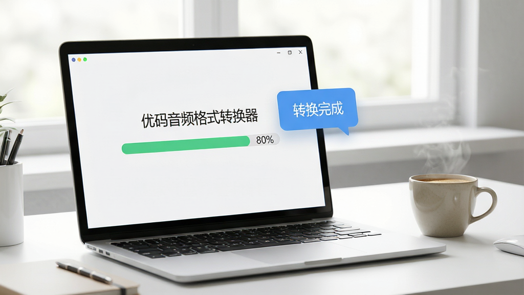 软件使用教程场景图:一台笔记本电脑屏幕上显示“优码音频格式转换器”正在进行格式转换,进度条达到80%状态,屏幕上悬浮着“转换完成”的提示气泡,桌面整洁,旁边放有一杯咖啡,光线明亮柔和,风格写实,布局清晰,画质高清,无多余元素