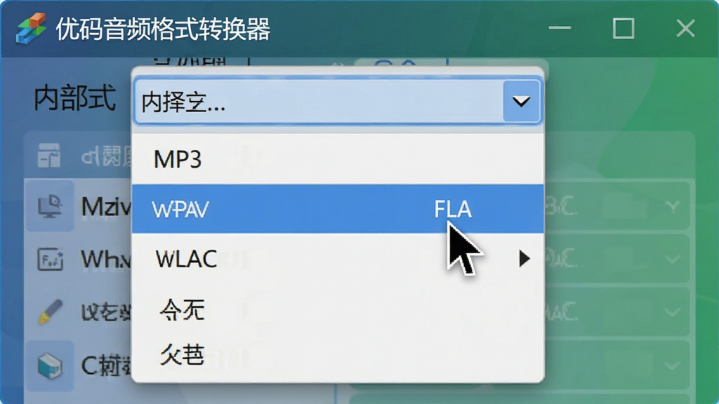 功能界面预览图:展示“优码音频格式转换器”软件内部格式选择下拉菜单,列表展开显示MP3、WAV、FLAC、AAC等多种格式选项,鼠标指针悬停于FLAC选项上,界面设计清晰明了,色彩搭配舒适,排版规整,风格写实,细节到位,画质清晰,无多余元素