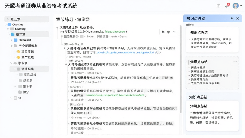 天腾考通证券从业资格考试系统章节练习页面预览图,左侧显示章节树状目录,右侧为题目区域与解析面板,配以知识点总结卡片,设计简洁清爽,画质干净,无多余元素