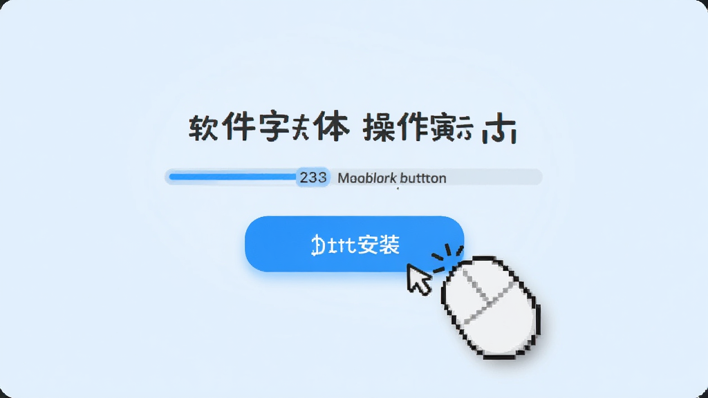 字加软件一键安装字体操作演示,鼠标点击安装按钮,字体自动添加到系统字体库,界面有进度条提示,背景为淡蓝色,操作按钮高亮显示,风格简约,画质清晰,无多余元素