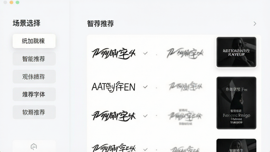 字加软件智能字体推荐界面,左侧为场景选择标签,右侧为推荐字体列表及预览效果,背景为浅白色,界面清爽,字体样式展示清晰,画质细腻,无多余元素