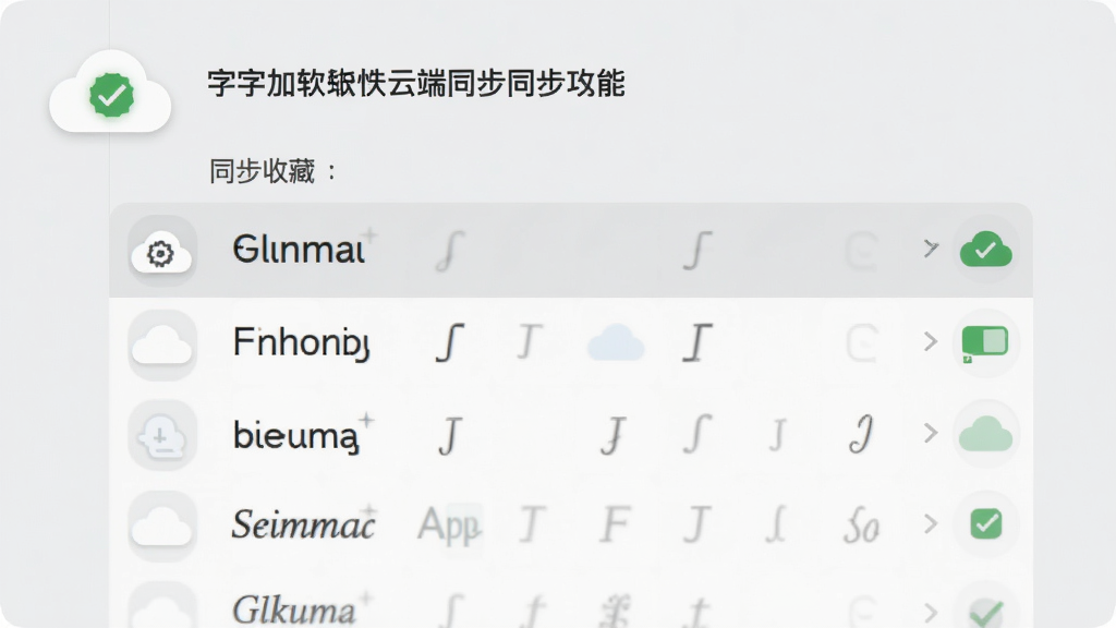 字加软件云端同步功能界面,显示字体收藏列表和同步状态图标,云朵图标带有绿色对勾,背景为浅灰色,界面简洁,字体名称清晰,画质干净,无多余元素