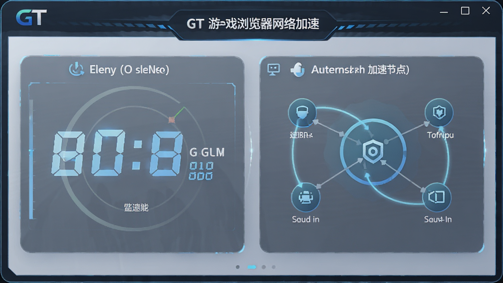 GT游戏浏览器网络加速功能界面示意图,显示延迟数字与加速节点,界面简洁,数字清晰,科技感强,画质干净