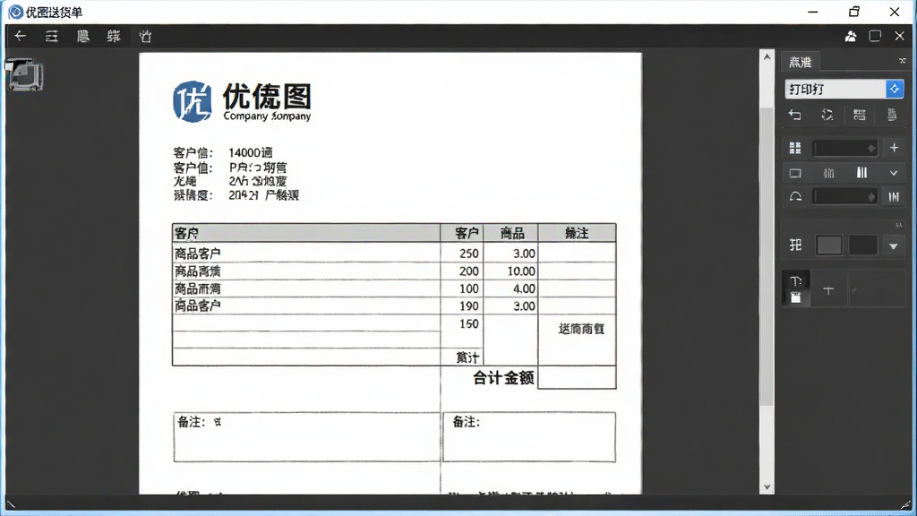 优图送货单打印软件打印预览界面,展示一张完整的送货单,包含公司抬头、客户信息、商品明细表格、合计金额、备注栏,单据排版整齐,字体清晰,背景为白色,周围有打印设置选项,界面风格专业务实,画质高清