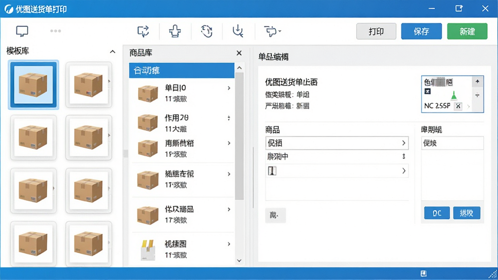 优图送货单打印软件主界面预览,左侧为模板库与商品列表,右侧为单据编辑区,顶部工具栏包含打印、保存、新建按钮,整体风格简洁明亮,现代化商务软件界面,色彩以蓝白为主,高清画质,干净无多余元素