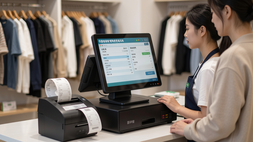 主体为服装店内收银员正在操作