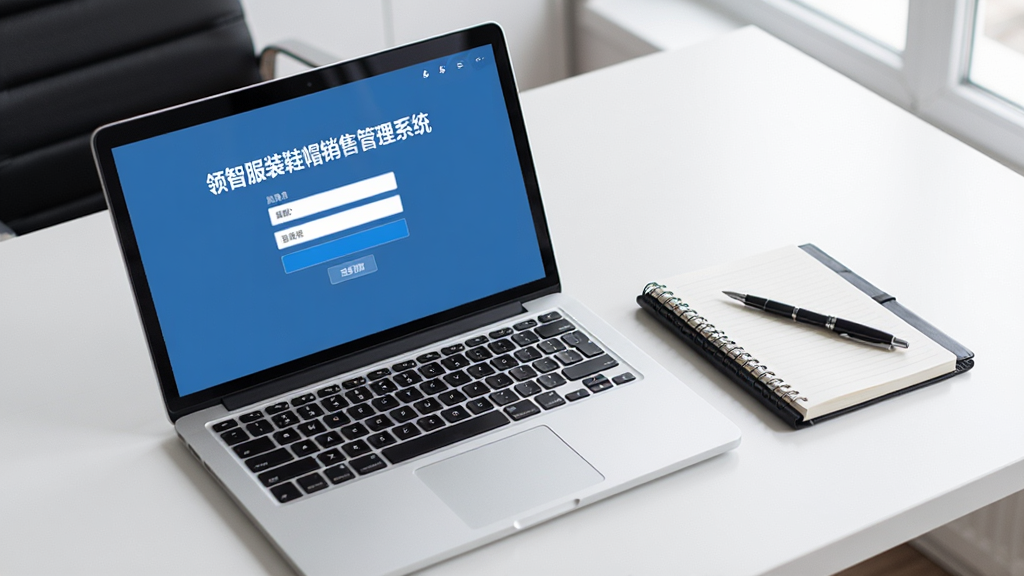 主体为一张办公桌,桌面上摆放着一台笔记本电脑,屏幕显示