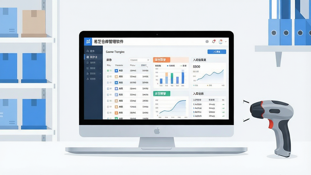 一幅现代简约风格的办公室桌面场景,一台笔记本电脑屏幕显示着“易芝仓库管理软件”的主界面,界面中包含清晰的库存列表、库存预警图表和入库出库数据看板。主体布局以电脑屏幕为中心,周围点缀有整洁的货架和扫码枪等元素。排版采用平视视角,画面干净明亮,风格偏向扁平化UI设计,细节上突出软件界面的数据可视化和清爽的蓝白主色调,画质高清,干净,无多余元素。