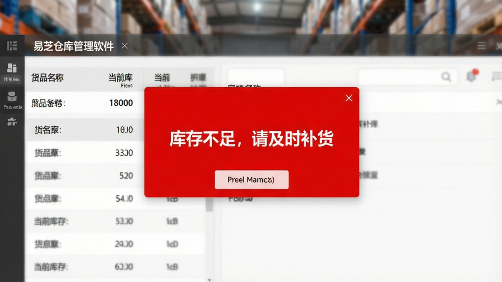 一张“易芝仓库管理软件”库存预警功能特写图,主体是软件界面中一个红色的预警弹窗,弹窗上写着“库存不足,请及时补货”,背景为模糊的仓库货架照片。布局上弹窗居中,左侧有货品名称和当前库存数量的列表。排版风格为UI界面截图风格,细节上突出警示红色与背景灰白色的对比,画质清晰,干净,无多余元素。