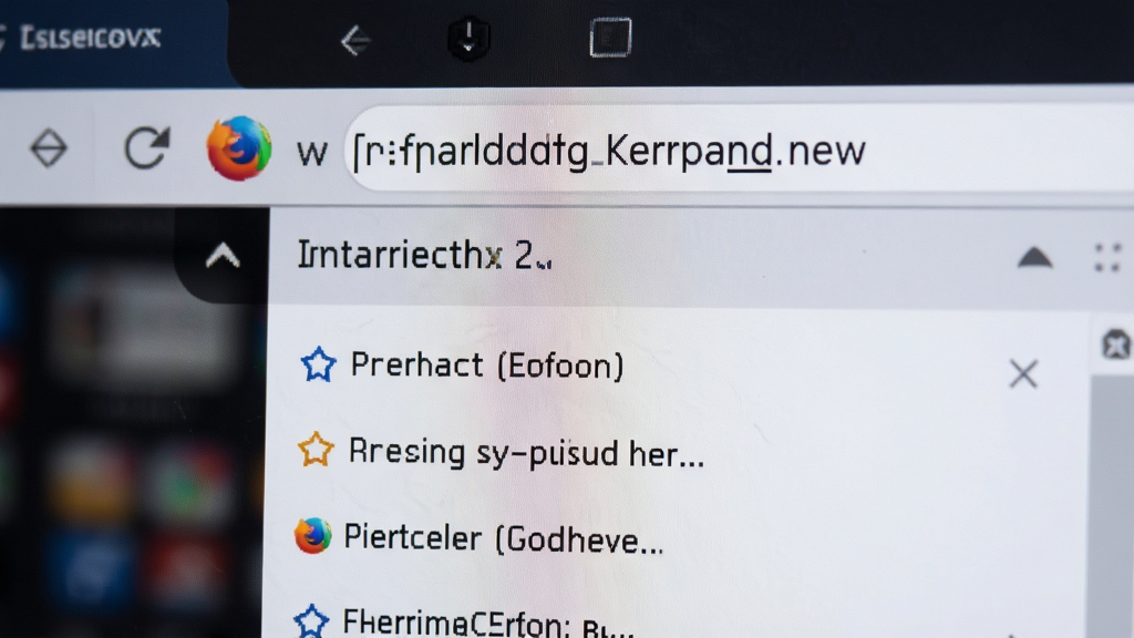 Firefox 标准版浏览器地址栏输入关键词的截图特写,下方展开智能推荐列表,背景虚化,主体突出,布局清晰,风格写实,细节丰富,画质高清