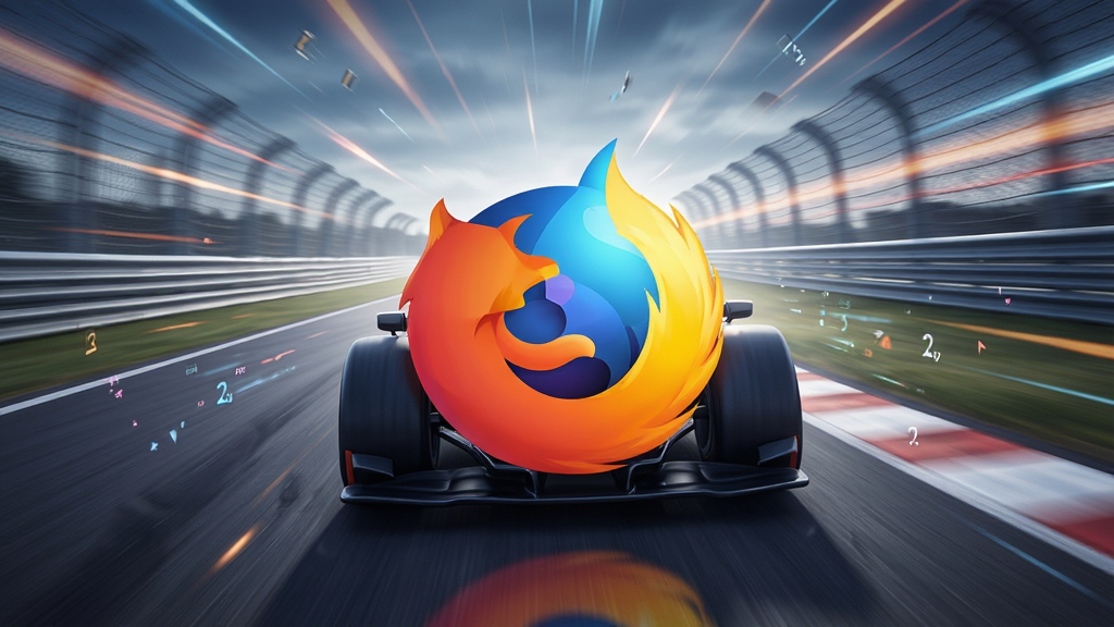 一张Firefox 标准版浏览器性能对比图,主体是高速运行的赛道,Firefox标志冲在最前方,背景有速度线特效,布局动感,风格炫酷,细节清晰,画质高清干净