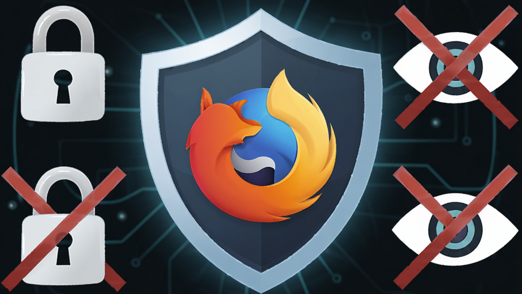 一张Firefox 标准版隐私保护盾牌插画,主体是一个发光的盾牌,盾牌中央有Firefox标志,周围有锁和眼睛被划掉的图标,布局居中,风格简洁明了,细节丰富,画质干净无多余元素