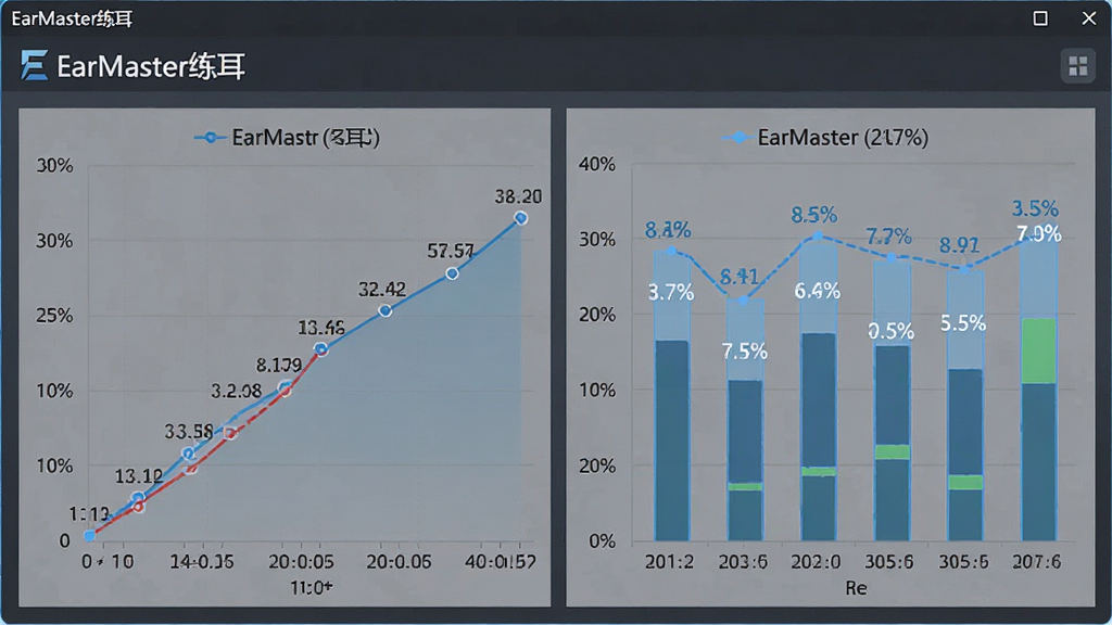 主体:EarMaster练耳软件成绩统计界面,显示折线图与柱状图,布局:图表居中,排版:简洁清晰,风格:商务专业,细节:数据标签、时间轴、百分比,画质:高清,干净,无多余元素