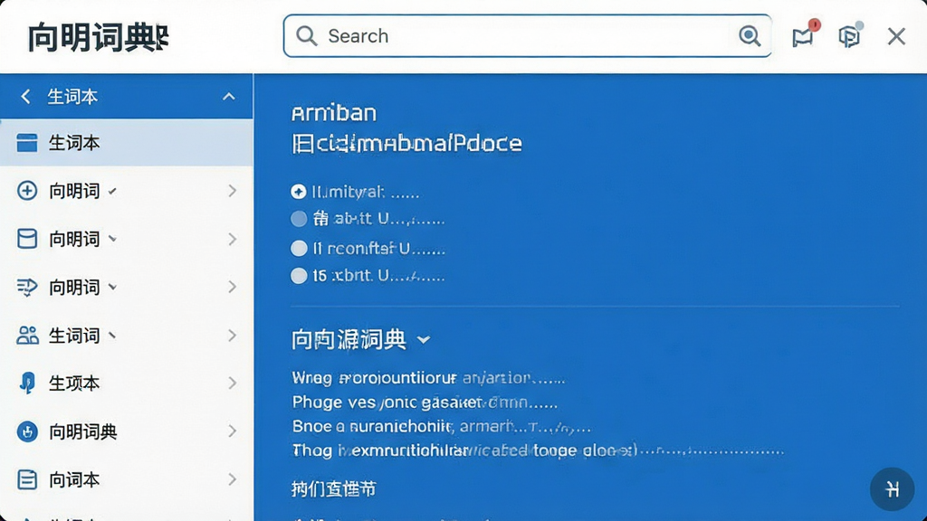 一张展示向明词典主界面的高清截图,界面简洁清爽,顶部为搜索框,下方显示单词释义与例句,左侧为生词本列表,整体采用蓝白配色,布局规整,画质清晰干净,无多余元素