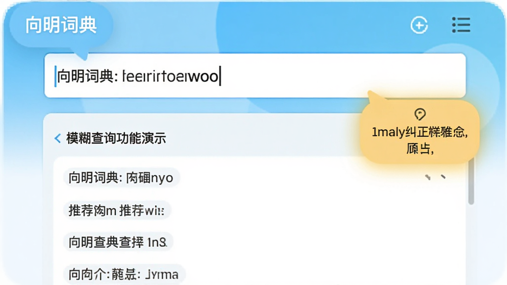 向明词典模糊查询功能演示图,显示输入框内拼写错误的单词,下方自动展示正确拼写与推荐词条,界面带有提示气泡,风格简洁明亮,突出智能纠正与联想功能,画质干净,无多余元素