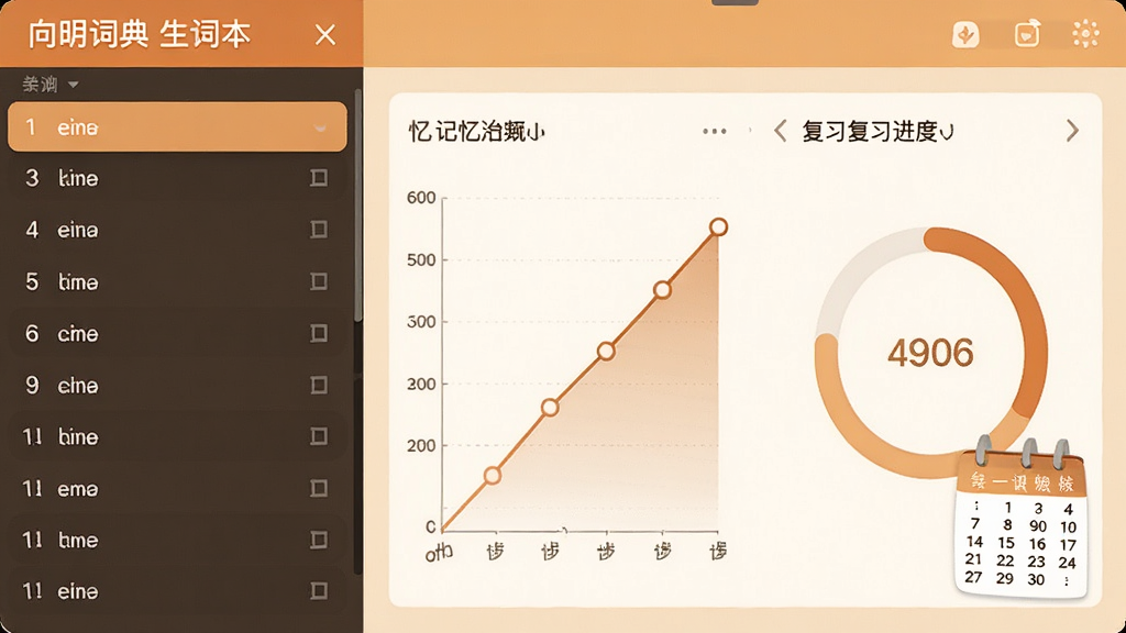 向明词典生词本界面,左侧为单词列表,右侧显示记忆曲线图表与复习进度圆环,界面采用暖色调,配有小日历组件,整体风格温馨清晰,画质干净,无多余元素