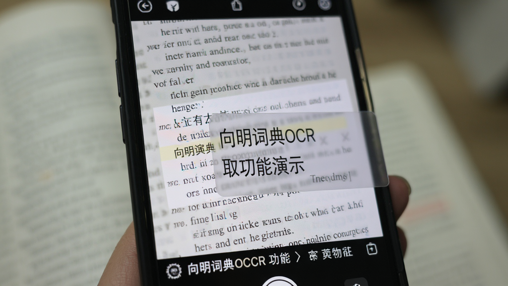向明词典OCR取词功能演示,手机拍摄英文书籍页面,屏幕实时显示识别结果与中文翻译,界面叠加半透明翻译框,背景虚化,突出识别精准度,画质高清,无多余元素