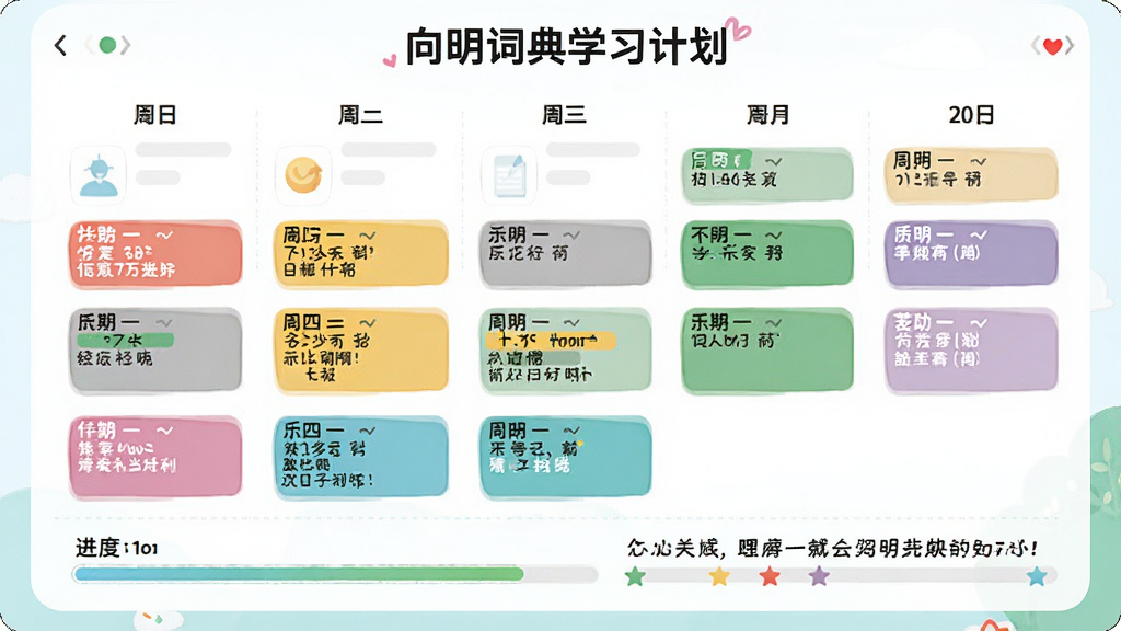 向明词典学习计划界面,展示一周复习日历,每日任务用不同颜色标注,下方有进度条与鼓励语句,整体风格清新活泼,画质干净,无多余元素