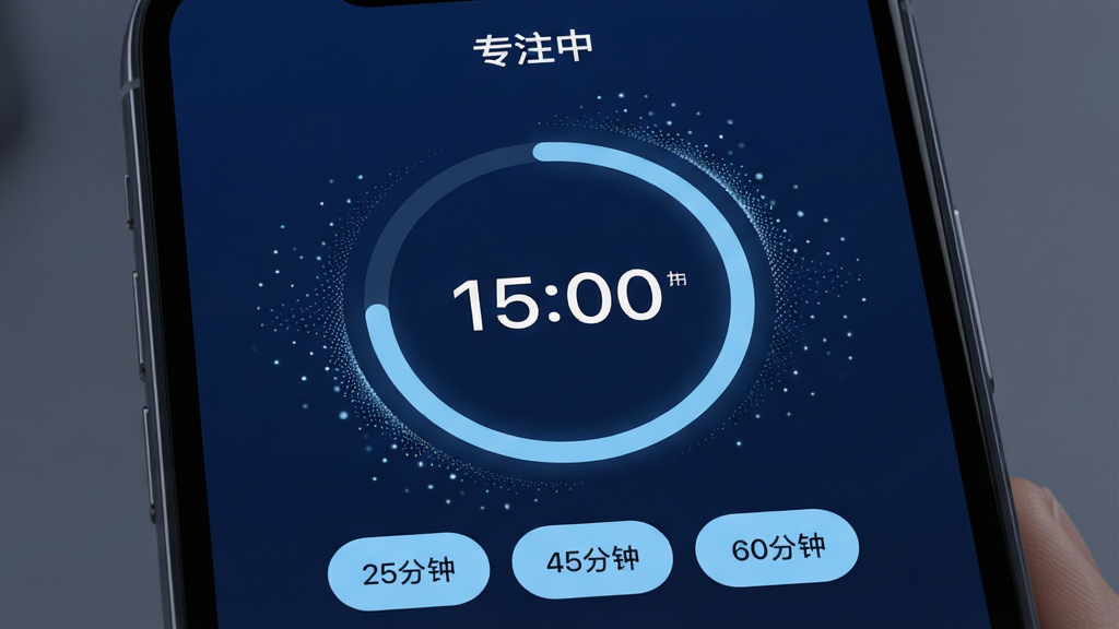 ���壺�ֻ���Ļչʾ����רעģʽ���棬������Բ�μ�ʱ�������֣���Ļ�����Ǵ�ļ�ʱԲ�����·����������ʱ����ť��25���ӡ�45���ӡ�60���ӣ����Ű棺����Ϊ����ɫ����ʱ������Ϊ��ɫ����ťΪǳ��ɫ����񣺳����У���࣬�Ƽ��С�ϸ�ڣ�Բ����Χ��ϸС�����Ӷ����������С�רע�С����������ʣ�������Ⱦ���ɾ����޶���Ԫ�ء�
