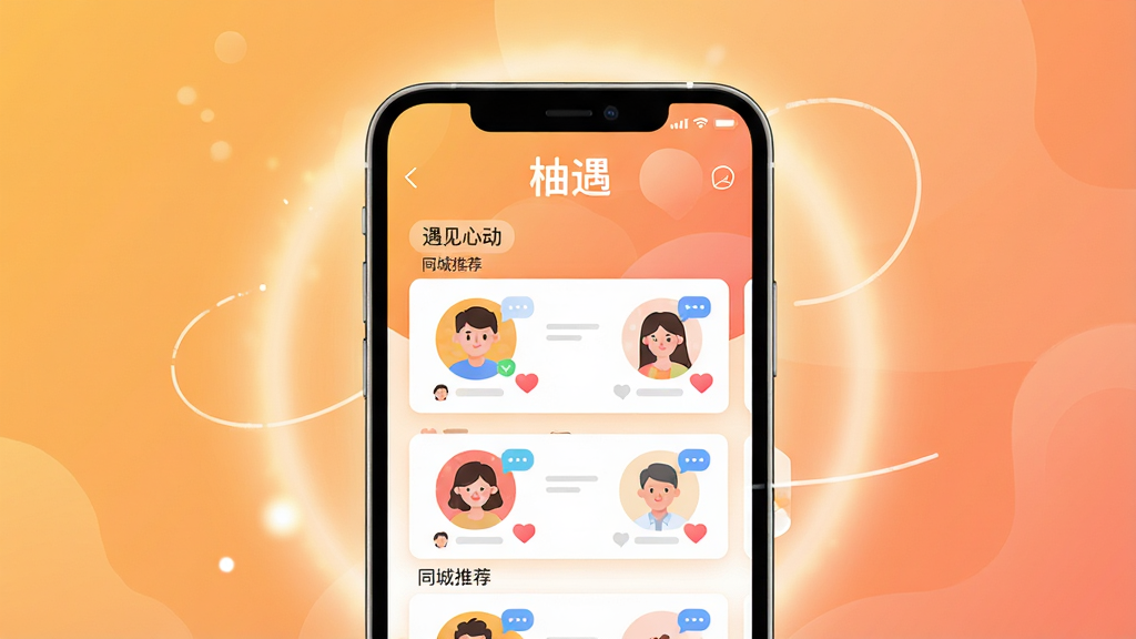 主体:手机屏幕展示柚遇交友软件主界面,界面中有多个用户头像卡片,上方有“柚遇”字样Logo,背景为温馨渐变色,布局:居中构图,手机位于画面中央,周围有柔光光晕,排版:界面元素清晰,文字标签“遇见心动”“同城推荐”明显,风格:现代扁平化插画风格,细节:头像卡片上有爱心和对话气泡图标,画质:高清,干净,无多余元素