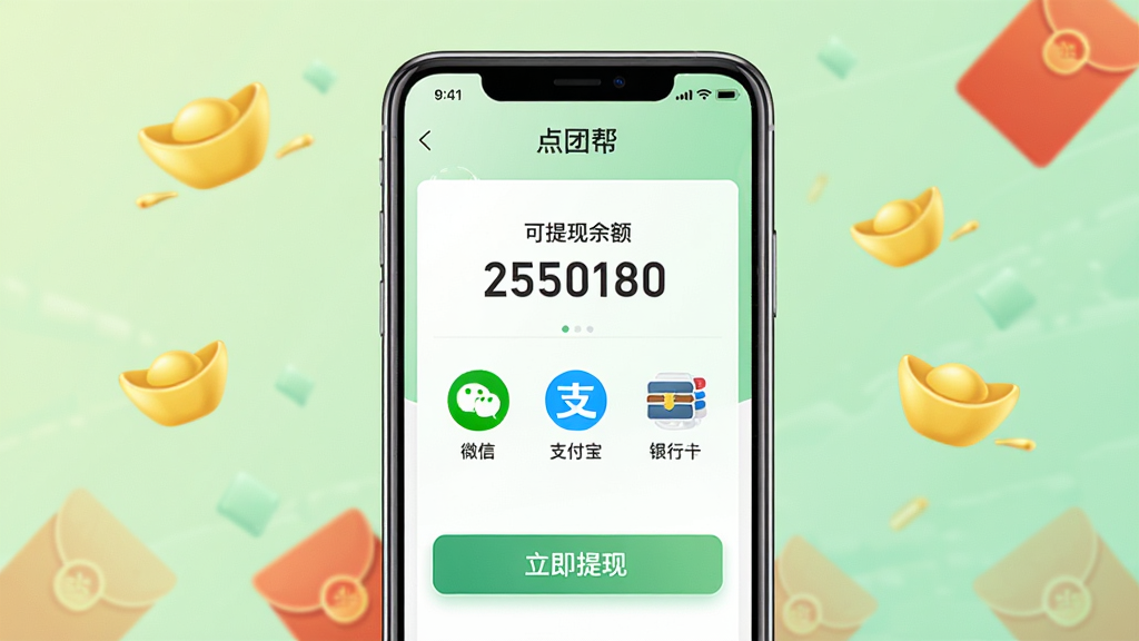 画面主体为一部手机屏幕展示“点团帮”的提现页面,页面中有“可提现余额”数字、提现方式图标(微信、支付宝、银行卡)以及“立即提现”按钮,背景为淡绿色渐变,点缀金色元宝和红包图案。整体布局居中,风格为清爽商务风,画面干净明亮,细节精致,无多余元素。