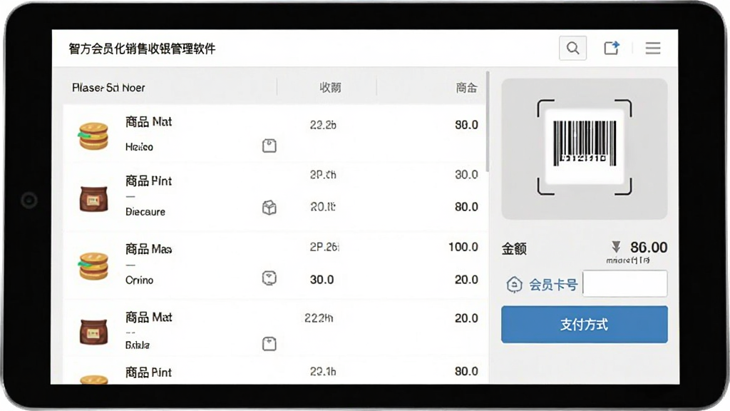 智方会员化销售收银管理软件收银结算界面截图,主体为收银操作台,布局有商品列表、金额汇总、支付方式按钮,风格扁平化,细节显示扫码框、会员卡号输入框,画质高清,干净无多余元素
