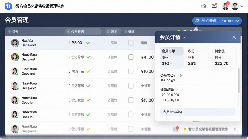 智方会员化销售收银管理软件会员管理界面,主体为会员列表和会员详情弹窗,布局清晰,风格商务,细节显示会员等级、积分、储值余额,画质高清,干净无多余元素