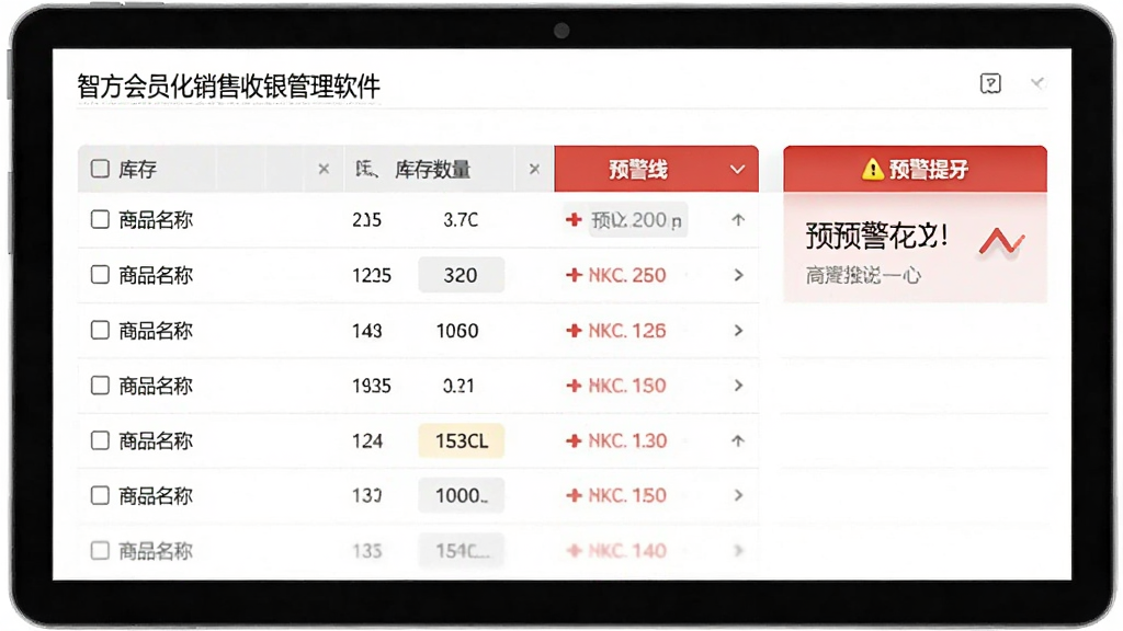 智方会员化销售收银管理软件库存管理界面,主体为库存列表和预警提示,布局表格形式,风格简洁,细节显示商品名称、库存数量、预警线,画质清晰,干净无多余元素