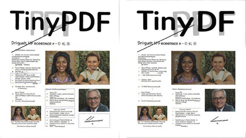 一张展示TinyPDF转换效果的对比图,左侧是原始彩色文档,右侧是转换后的PDF文档,两者在字体、图片、排版上完全一致,细节清晰,背景为纯白色,风格专业,画质干净,无多余元素